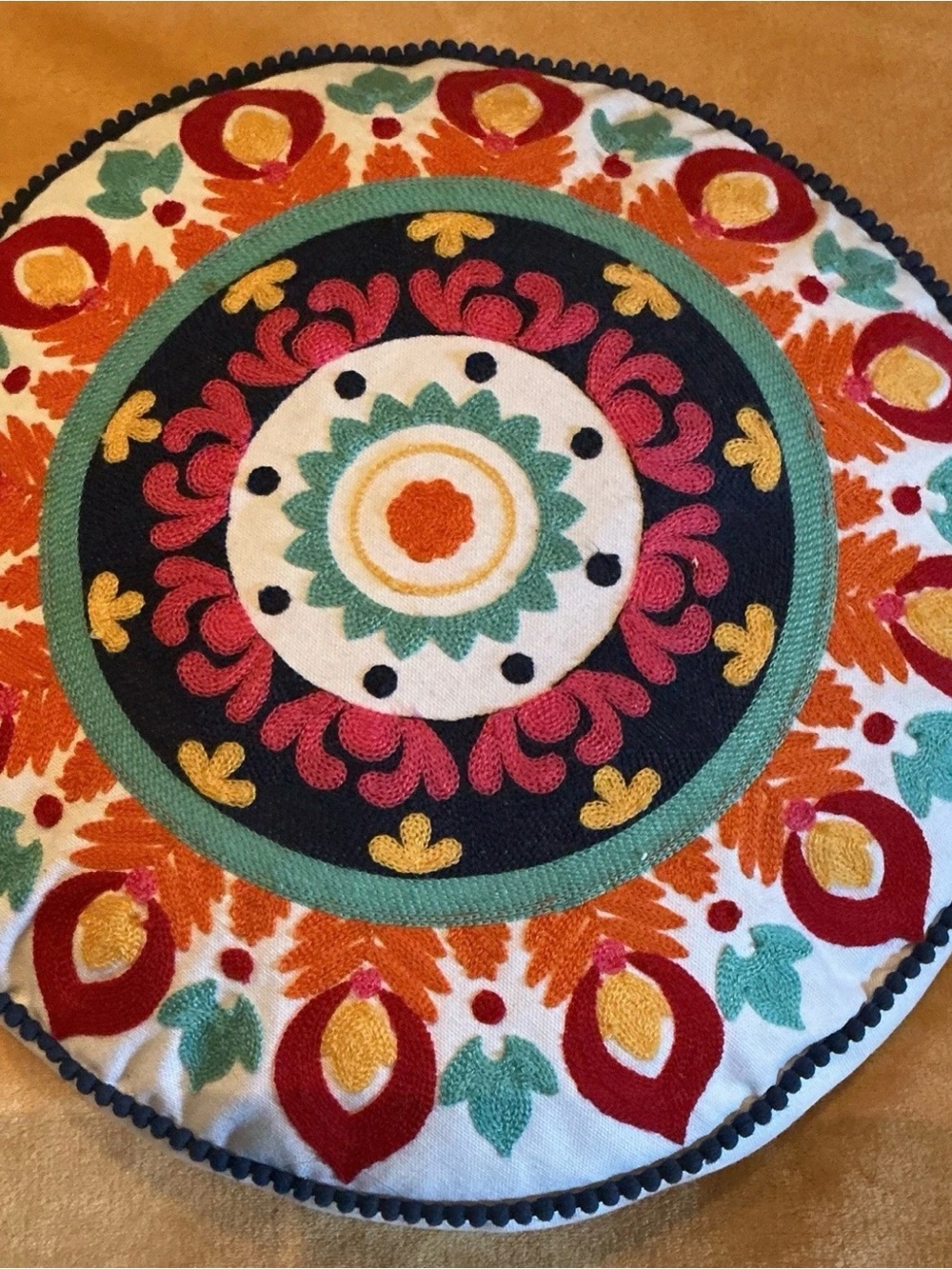 Round Embroidered Decorative Pillow Cover in Teal, Orange, Red, Yellow